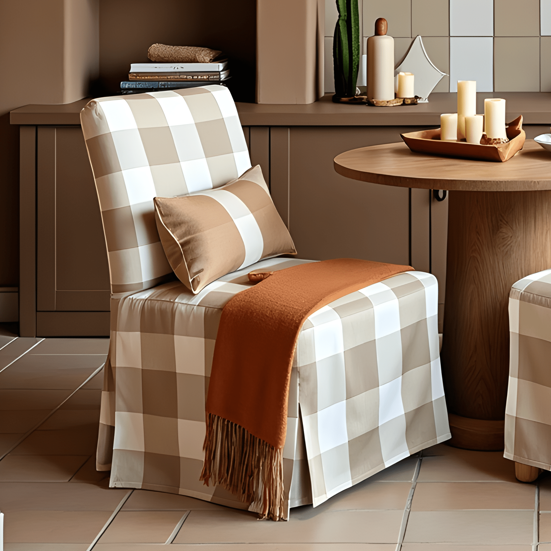 Rockin Cushions IKEA Henriksdal Dining Buffalo Check Beige Floor Length Dining Chair Cover, Compatible with IKEA Henriksdal